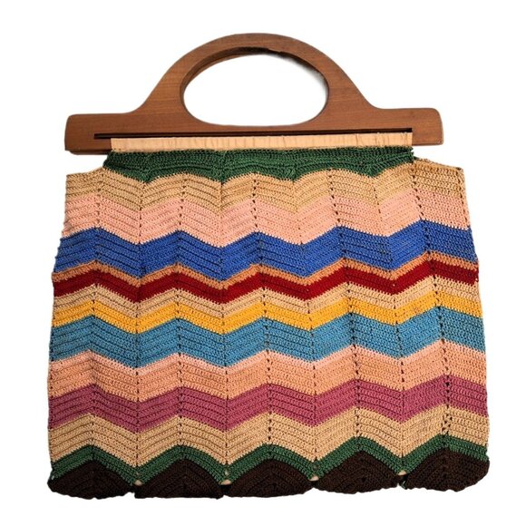 Vintage Boho Hand Crocheted Tote Purse Bag With Wood Handles 12"x12" Excellent - Picture 1 of 5